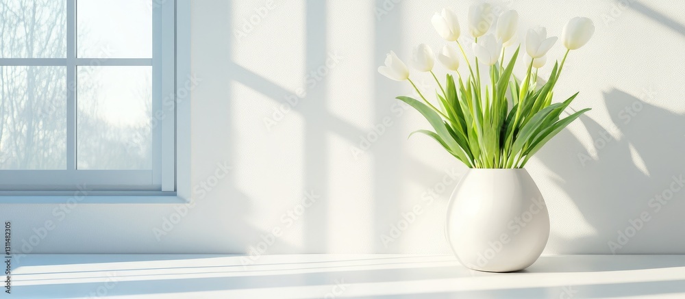 Poster White ceramic flowerpot with white tulips positioned on a light surface near a window casting soft shadows with a bright white background