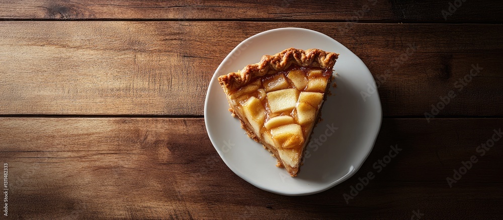 Poster slice of charlotte apple pie on white saucer positioned on dark walnut table with warm tones and nat