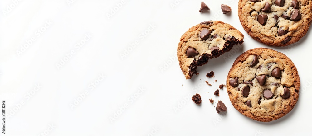 Poster delicious chocolate chip cookies with half split and chocolate chips scattered on a clean white back