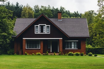 Obraz premium Nestled in a serene setting, this enchanting wooden house features a beautifully sloped roof and is enveloped by vibrant, lush greenery, all under a soft, cloudy sky