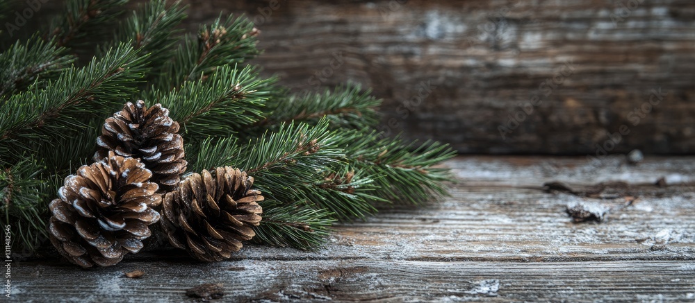 Aufkleber Rustic wooden background with green spruce branches and three pine cones arranged on the left side, creating a cozy Christmas atmosphere.