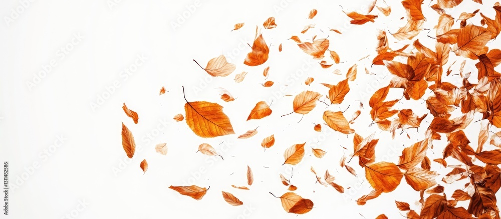 Poster falling autumn leaves in shades of orange and brown swirling against a bright white background creat