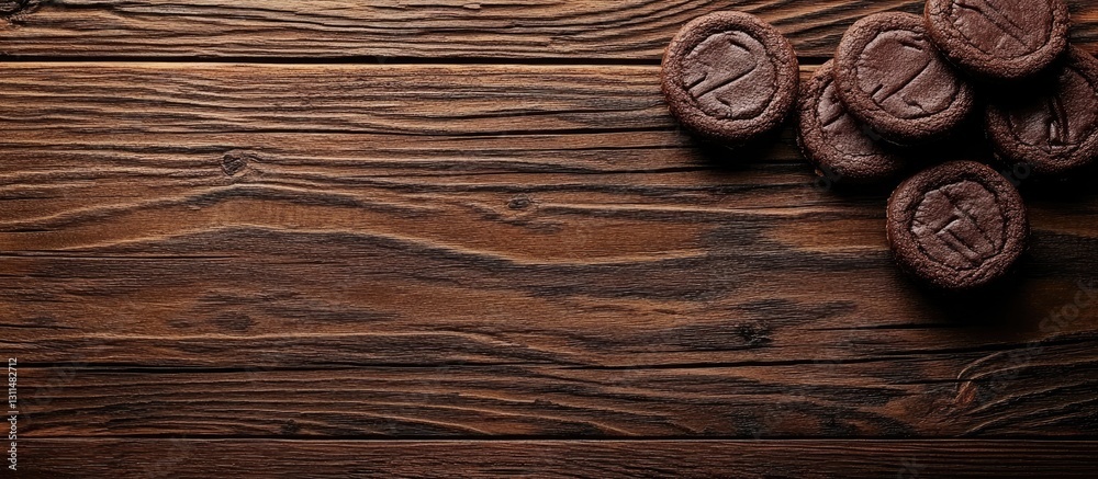 Poster chocolate covered cookies arranged beside a textured dark brown wooden background with soft shadows 