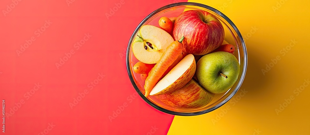 Poster A vibrant minimalist bowl filled with red and green apples along with carrots on a bright red and yellow split background top view composition