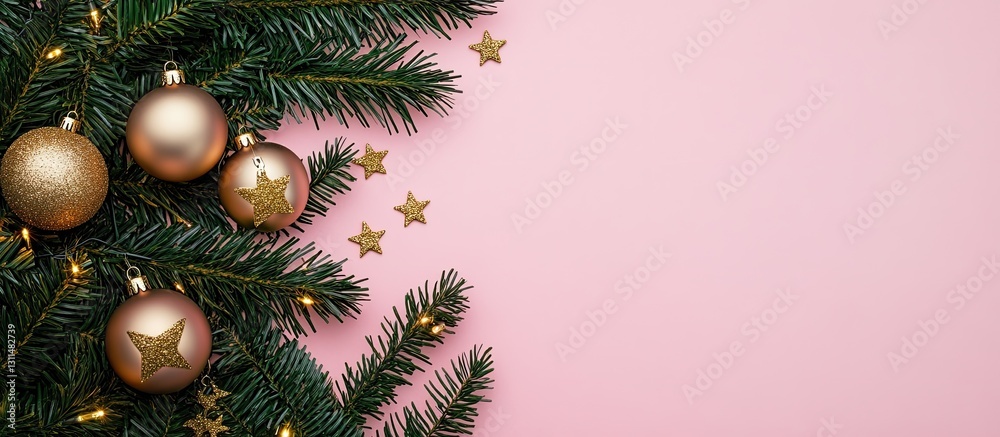 Poster golden star ornaments and palm leaves arranged on pink backdrop with christmas balls and twinkling l