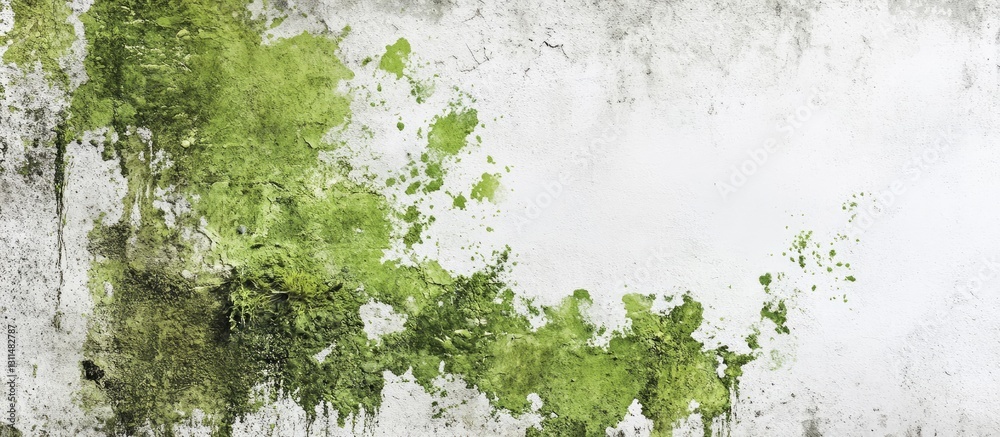 Aufkleber green algae spread across a weathered white wall with textured gray shades visible in the background