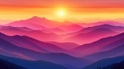 Obraz premium Breathtaking sunset view over rugged mountain landscape with vibrant colors in the sky and silhouettes of peaks