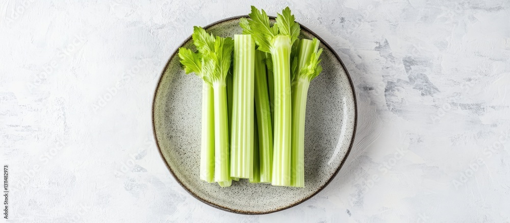 Poster Fresh green celery stalks arranged on a gray plate against a light stone background with ample text space above for advertising or design use.