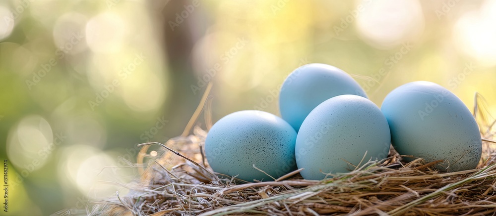 Poster Blue eggs nestled in a hay nest with a soft blurred green background ideal for text overlay, prominently featuring four eggs in the center.