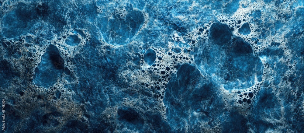 Poster abstract blue sponge texture with dark black bubbles and varying shades of blue, creating a visually