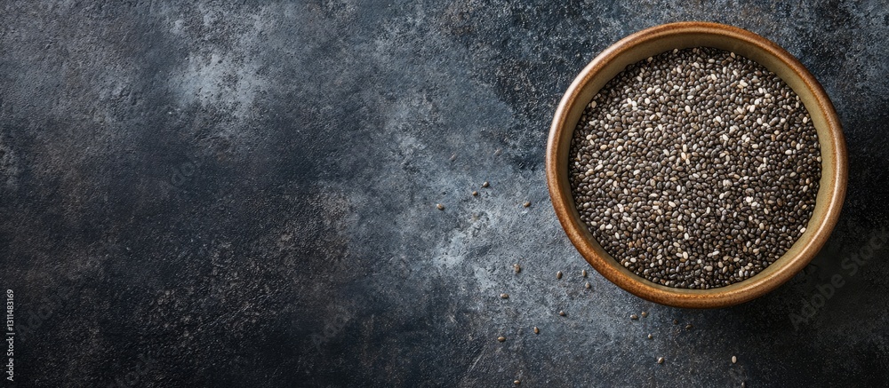 Poster chia seeds in a wooden bowl on a dark textured background with space for text showcasing clean eatin