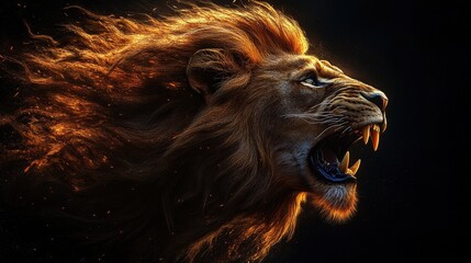 A majestic lion's head emerges in intricate detail, its golden-brown mane radiating power and...