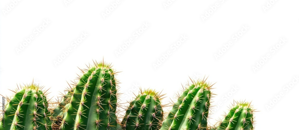Poster green cactus plants densely arranged on the left side of a white background showcasing spiny texture