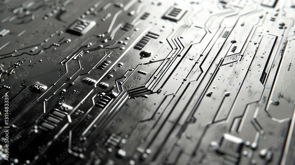 Wall mural abstract metallic surface with a circuit board design.
