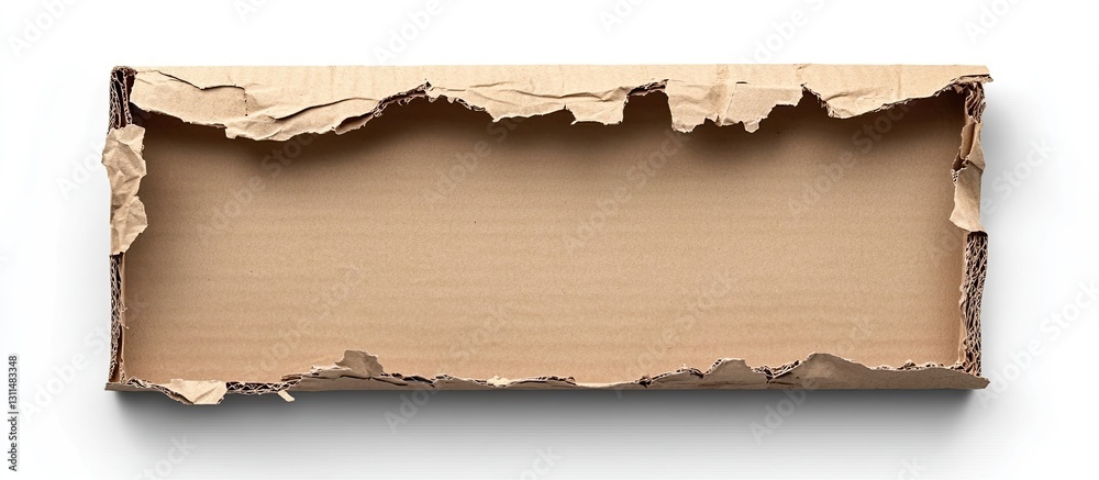 Poster textured cardboard piece with torn edges positioned horizontally against a clean white background, s