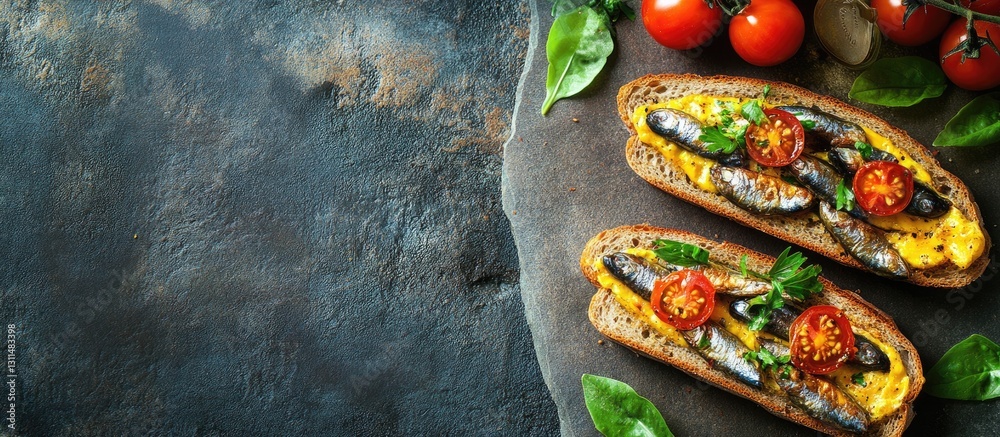 Poster Open faced sandwich with canned smoked sardines and cherry tomatoes on dark rye bread garnished with fresh basil on a rustic slate background