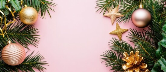 Golden star-shaped ornaments and pink baubles framed by green palm leaves on soft pink background creating festive holiday greeting card layout