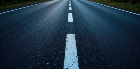 Dark asphalt road with crisp white lane markers , blacktop, surface, texture