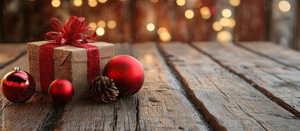 Aufkleber Red Christmas ornaments and a wrapped gift with a red ribbon on a rustic wooden table adorned with soft bokeh lights in the background.