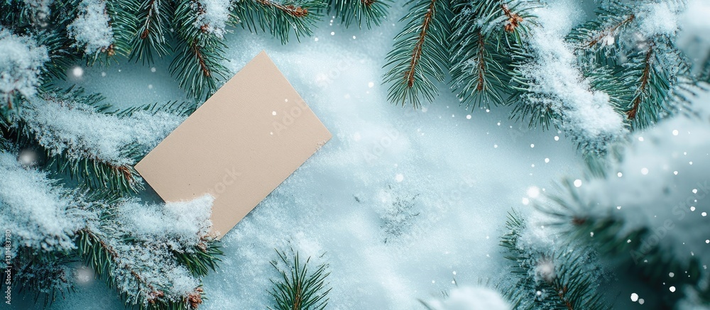 Poster snow-covered pine tree branches with a blank beige card placed centrally on a serene snowy backgroun