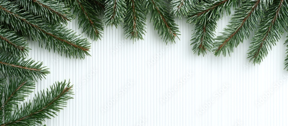 Poster Christmas fir branches arranged on a white striped background with selective focus creating a festive border and ample copy space for text.