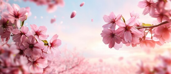 Fototapeta premium Blossoming cherry tree branches filled with vibrant pink flowers against a soft pastel sky with scattered petals on a warm spring day