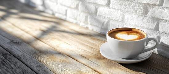 Coffee cup with heart latte art on wooden table against white brick wall, soft shadows, light wood tones, centered with ample copy space.