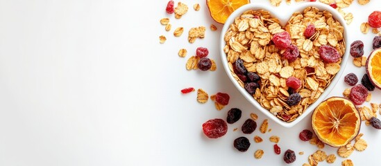 Heart-shaped bowl filled with oat flakes, dried fruits, and orange slices on a white background with scattered berries and orange peels.