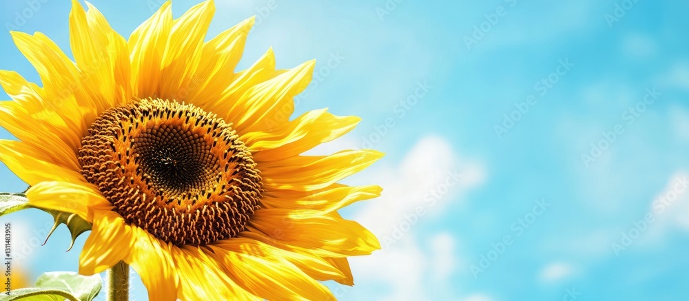 Poster vibrant yellow sunflower in full bloom positioned left against a clear blue sky with soft clouds cre