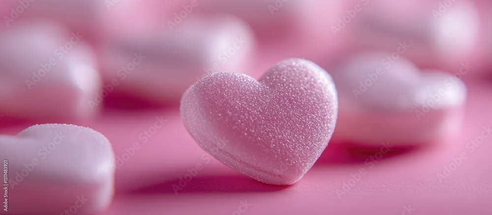 Poster close-up macro shot of pink heart-shaped candies with a soft focus on a single candy against a smoot