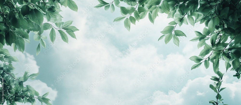 Poster Lush green leaves frame a tranquil cloudy sky in soft pastels with ample copyspace creating a serene and inviting scene for nature themes