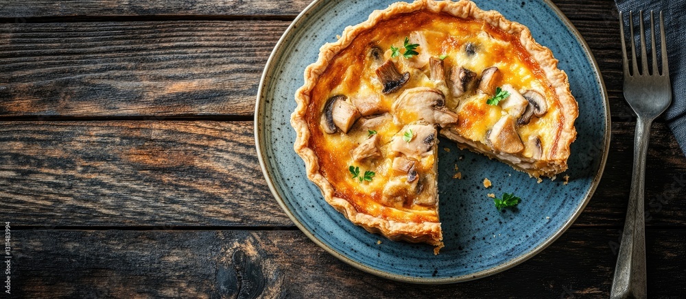 Poster delicious chicken and mushroom quiche displayed on a rustic blue plate with a slice served on a wood