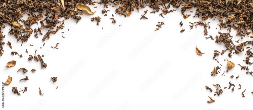 Poster Dried tea leaves arranged in a neat corner frame on a clean white background with scattered leaves offering ample space for text placement