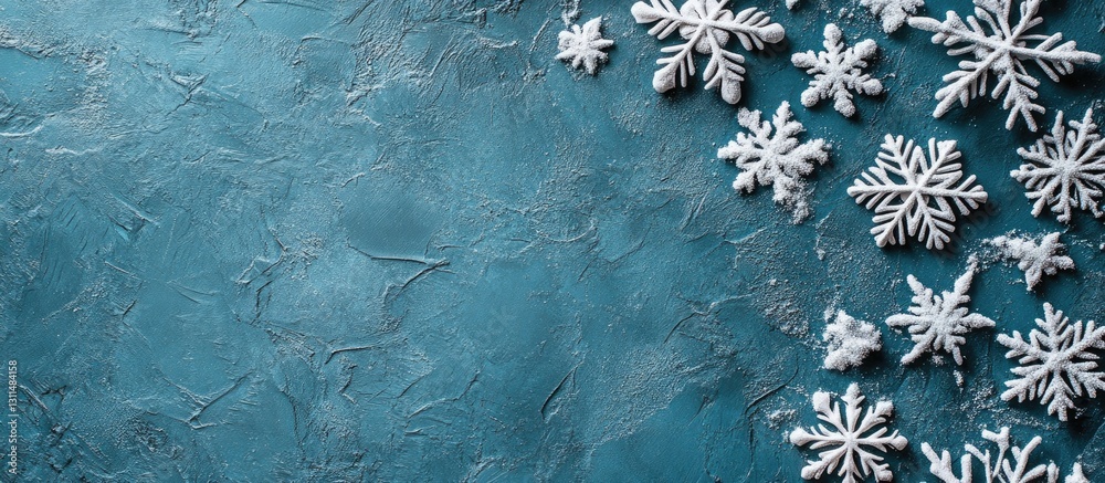 Fototapete White snowflake decorations scattered on a textured blue background with a touch of teal creating a festive winter atmosphere.
