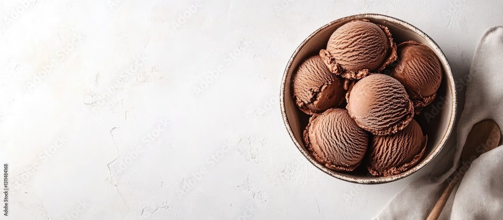 Poster Chocolate ice cream scoops arranged in a round bowl on a light beige rustic table with a plain white background and soft cloth on the side