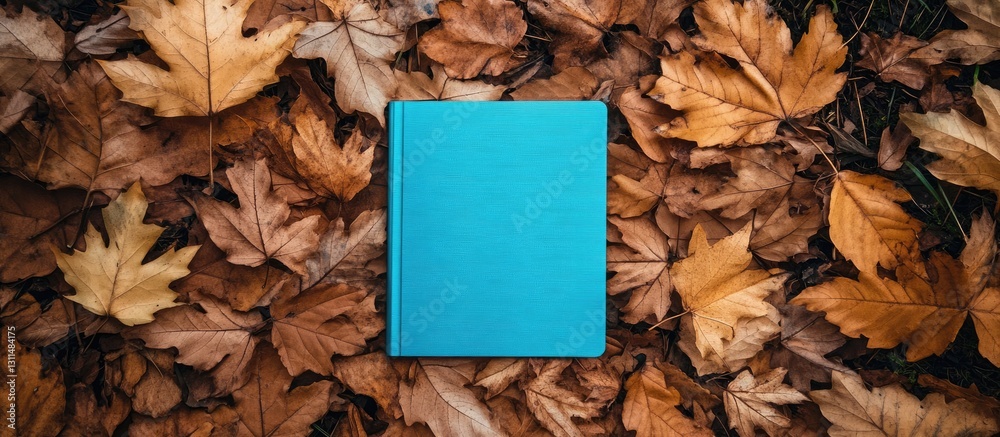 Poster blue notebook positioned centrally on a ground layer of rich brown autumn leaves creating a natural,