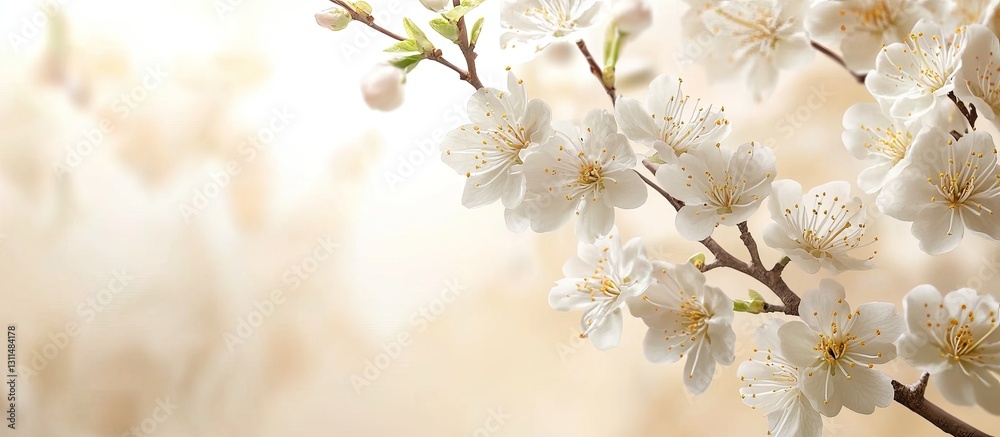 Aufkleber Delicate white plum tree blossoms on a slender branch against a soft beige background capturing spring's essence with ample copyspace for design use