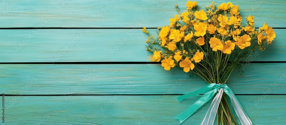 Poster vibrant yellow wildflowers tied with a teal ribbon resting on a textured turquoise wooden surface wi
