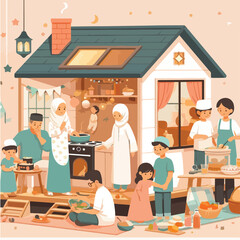 A cozy family Eid gathering in a tiny home, with children playing and parents preparing food, illustrated in a warm and pastel flat design