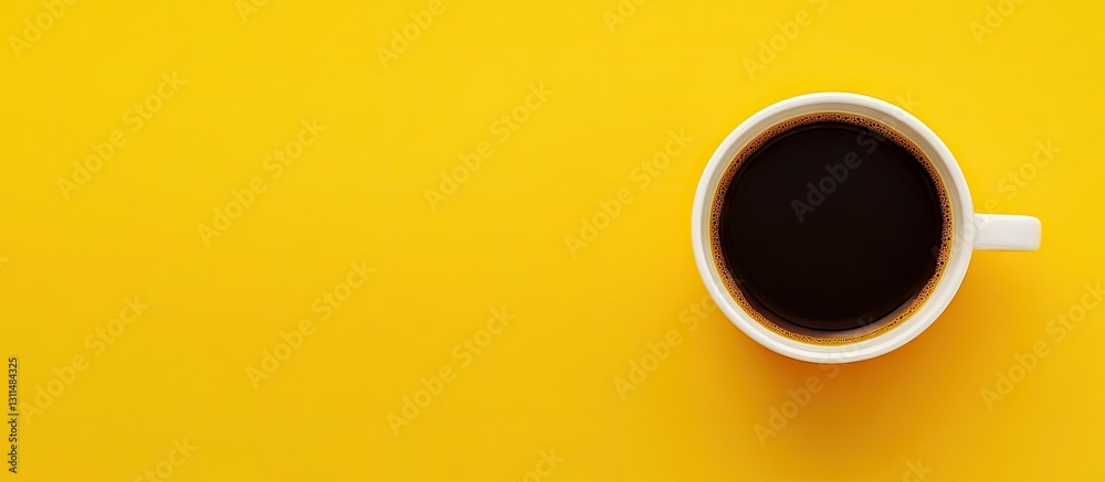 Aufkleber aromatic black coffee cup placed on a vibrant yellow background viewed from above with ample negativ
