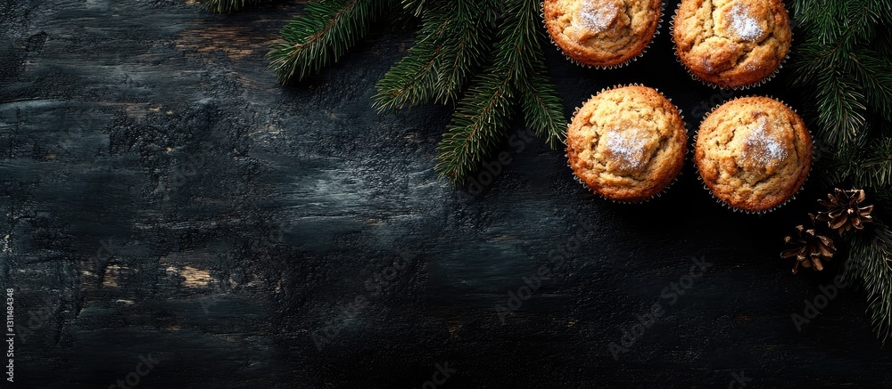 Poster cozy top view of banana muffins arranged on a dark wooden background with evergreen branches creatin