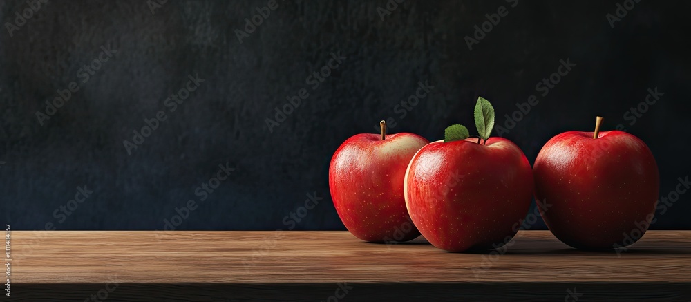 Poster red apples arranged on a wooden table with a dark textured background highlighting their vibrant col