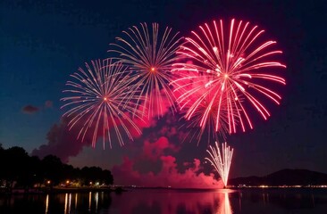 Dark night sky illuminated by vibrant pink fireworks. Bright explosions create a festive atmosphere. Perfect for holiday celebrations, event promotions, and branding.