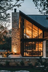 Fototapeta premium A cozy, contemporary house comes alive at dusk, its large windows revealing a beautifully spacious interior that seamlessly integrates with the surrounding nature