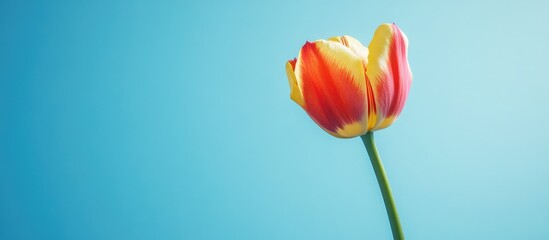 Obraz premium Vibrant single yellow and red tulip with smooth petals against a soft blue background, elegantly positioned on the right side of the image.