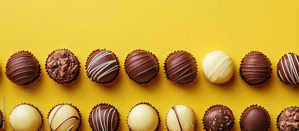 Poster Chocolates in a row on vibrant yellow background with ample copy space for text, showcasing rich brown and creamy white tones distinctly arranged.