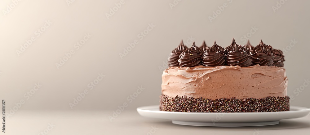Poster carrot cake with smooth chocolate frosting and brigadeiro sprinkles displayed on a white plate again
