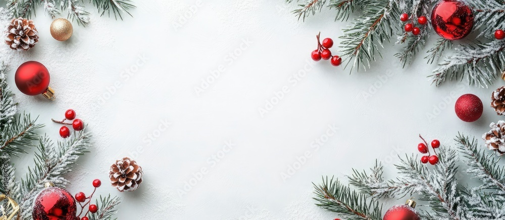 Aufkleber winter holiday flat lay featuring evergreen branches on a light background adorned with red ornament