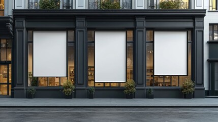 white vertical banners on building facade design lockup Store flags mock up on the street Outdoor banners template on the side of the shop exterior Three signs hanging, front view, 32k Resolution