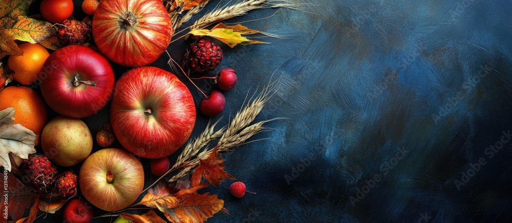 Poster autumn harvest flat lay with vibrant red apples golden pears and colorful leaves against a dark blue